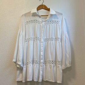 White Cotton Button-up Tunic with Large Eyelets